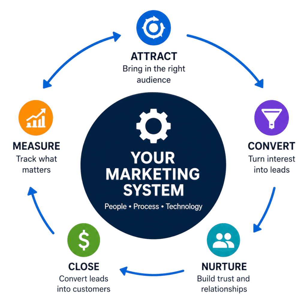 Your marketing system: attract, convert, nurture, close, and measure. People, process, technology
